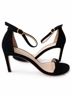 STUART WEITZMAN NUNAKEDSTRAIGHT Black Suede Leather High Heel Sandals